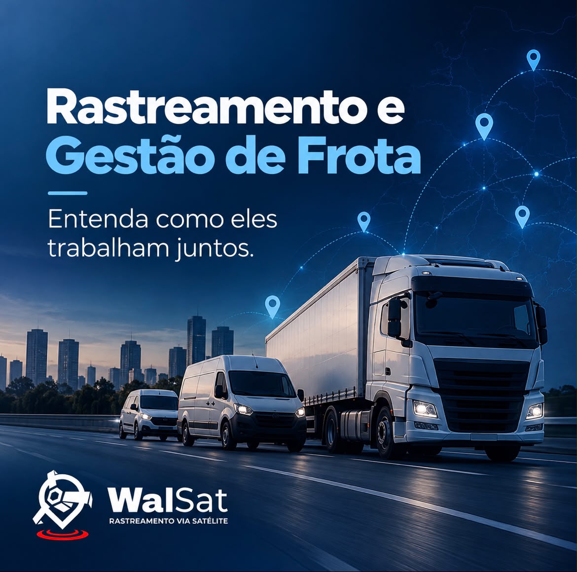 Rastreamento e gestão de frota WalSat: caminhão e vans com pontos de localização conectados