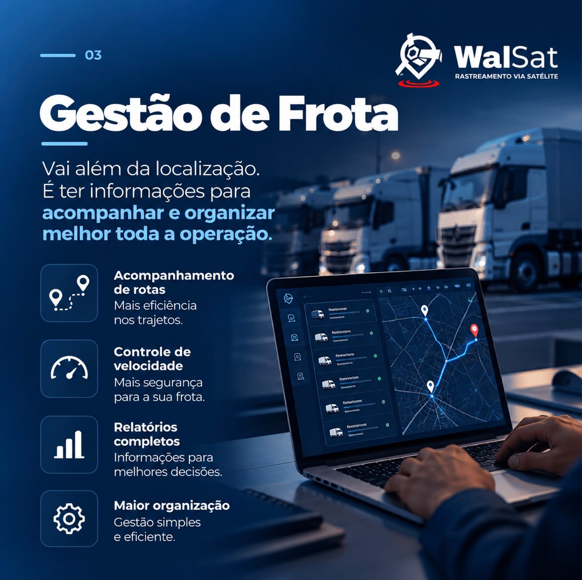 Gestão de frota WalSat: acompanhamento de rotas, controle de velocidade, relatórios e organização
